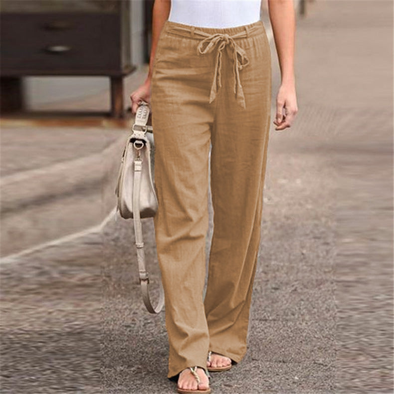 Elastic Waist Solid Color Cotton And Linen Wide-leg Pants Loose Trousers