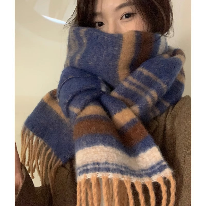 Fashion Striped Mohair Plaid Scarf For Women