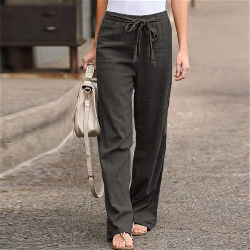 Elastic Waist Solid Color Cotton And Linen Wide-leg Pants Loose Trousers