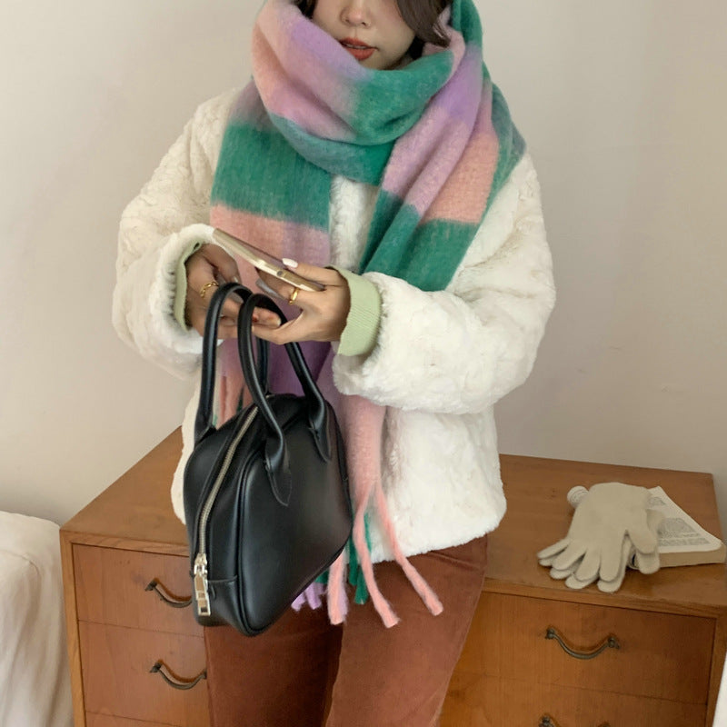 Fashion Striped Mohair Plaid Scarf For Women