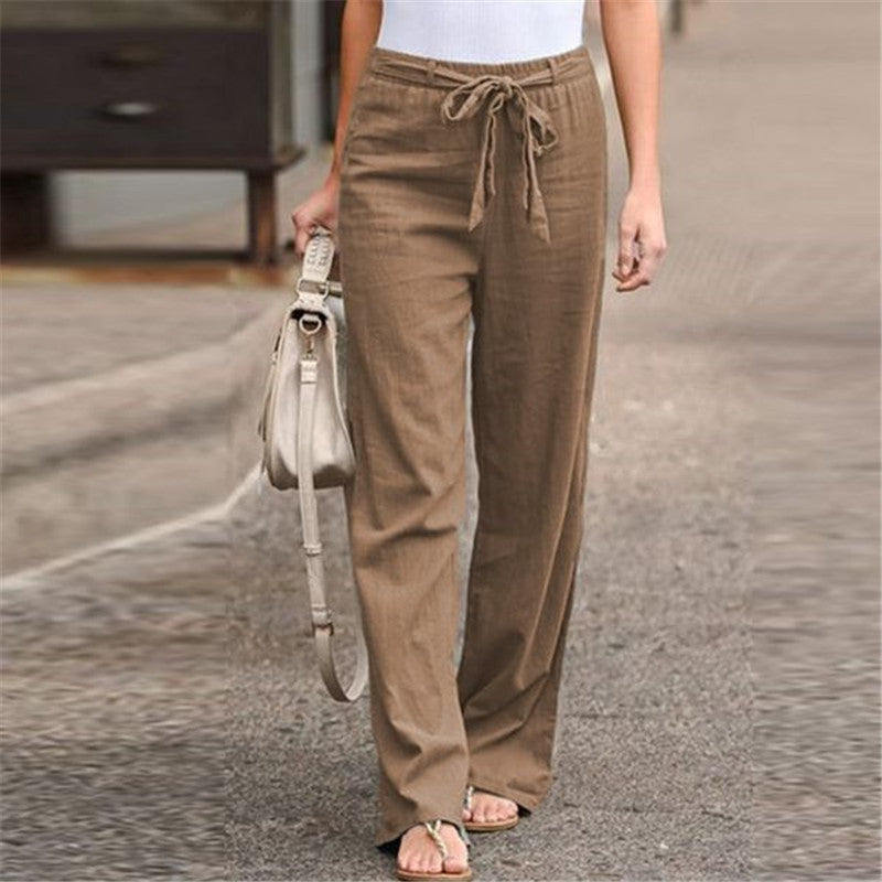 Elastic Waist Solid Color Cotton And Linen Wide-leg Pants Loose Trousers