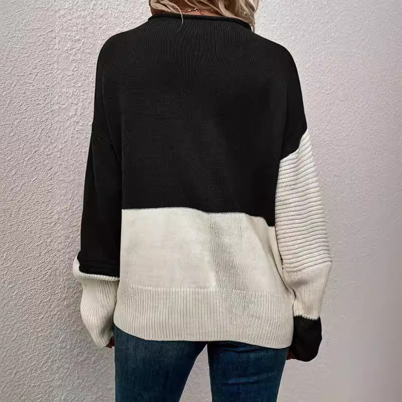 Women's Knitting Sweater Stitching Contrast Color Pullover Top