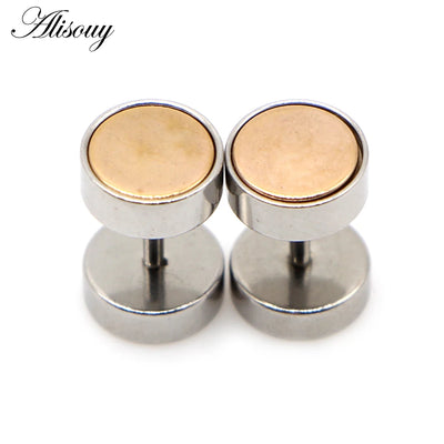 Alisouy 2pcs Fashion Punk Double Sided Round Bolt Ear Stud Earrings Male Gothic Barbell Black Earrings Men women Jewelry Gift