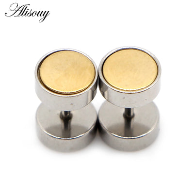 Alisouy 2pcs Fashion Punk Double Sided Round Bolt Ear Stud Earrings Male Gothic Barbell Black Earrings Men women Jewelry Gift