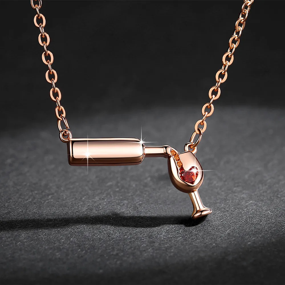 Rose Gold Color Creative Wine Glass Pendant Necklace for Women AAA Zircon Red Heart Wine Cup Charm Necklace Choker Short