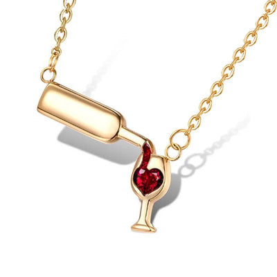 Rose Gold Color Creative Wine Glass Pendant Necklace for Women AAA Zircon Red Heart Wine Cup Charm Necklace Choker Short