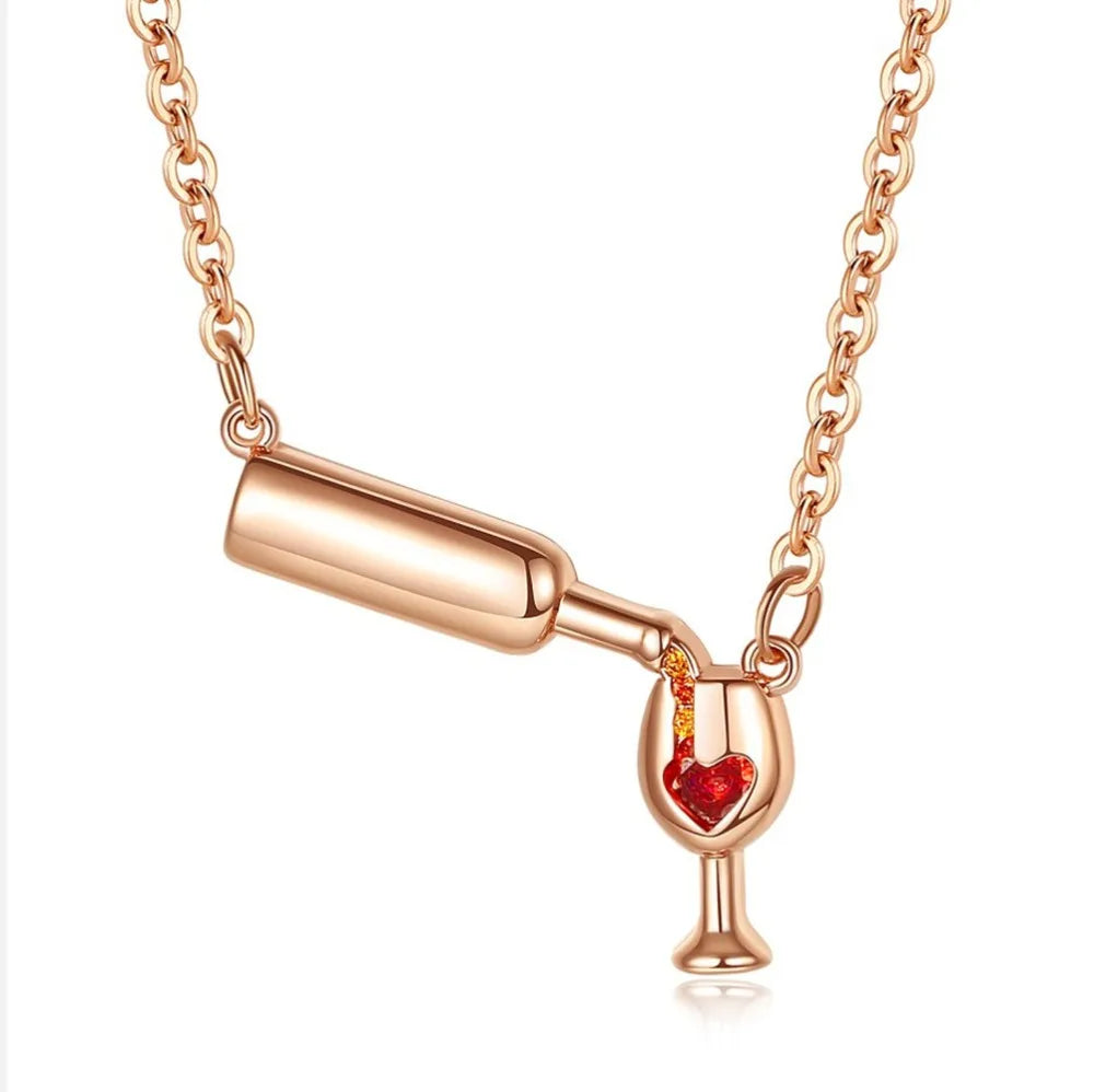 Rose Gold Color Creative Wine Glass Pendant Necklace for Women AAA Zircon Red Heart Wine Cup Charm Necklace Choker Short