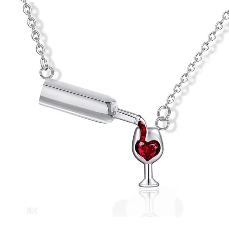 Rose Gold Color Creative Wine Glass Pendant Necklace for Women AAA Zircon Red Heart Wine Cup Charm Necklace Choker Short