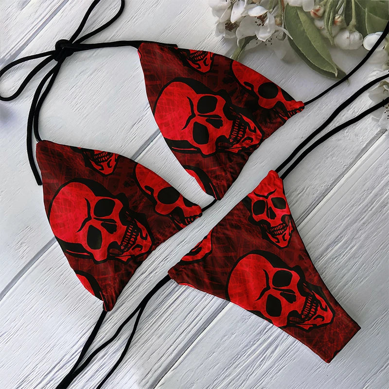 Fashion Bikini Set Women Backless Low Waist Sexy Skull Pattern Printed Swimsuit Beach Surfing Vacation Halloween Cosplay