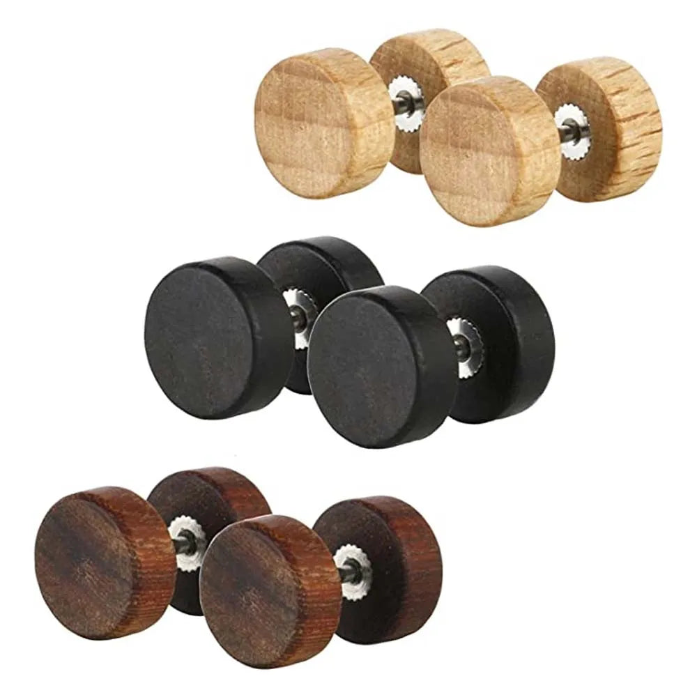 WKOUD Fake Plugs Wood Stud Earrings Fake Gauge Natural Wood Cheater Plugs Faux Gauges Earrings For Men Women 6-12mm