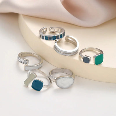 6Pcs New Fashionable Retro Emerald Moonlight Stone Joint Opening Ring Set For Women's Daily Versatile Gift Fashion Accessories