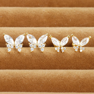 Vintage Gold Plated Stainless Steel Butterfly Stud Earrings Women Snowflake Zircon Cartilage Piercing Earring Christmas Jewelry