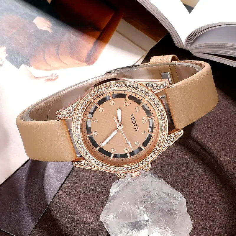 Women's Fashion Quartz Watch Luxury Khaki Leather Band Analog WristWatch Ladies Watch Women Dress Bracelet Set Reloj Mujer Clock