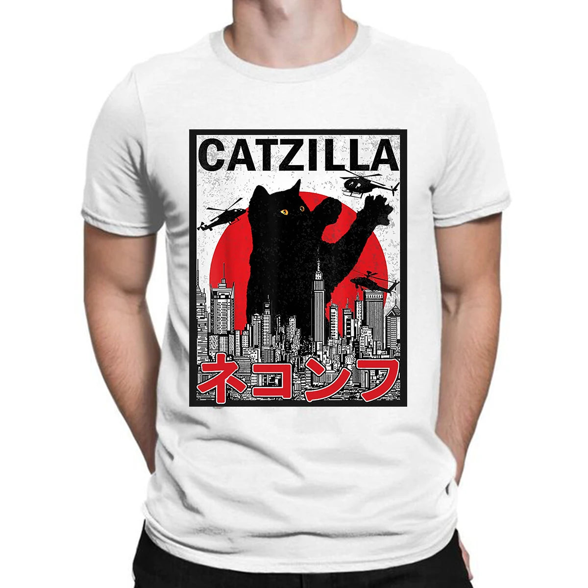 Catzilla Clothes Japanese Cat Kitten Anime T-Shirt Male Female Harajuku Vintage Graphic Tshirts Summer Unisex Streetwear Tops