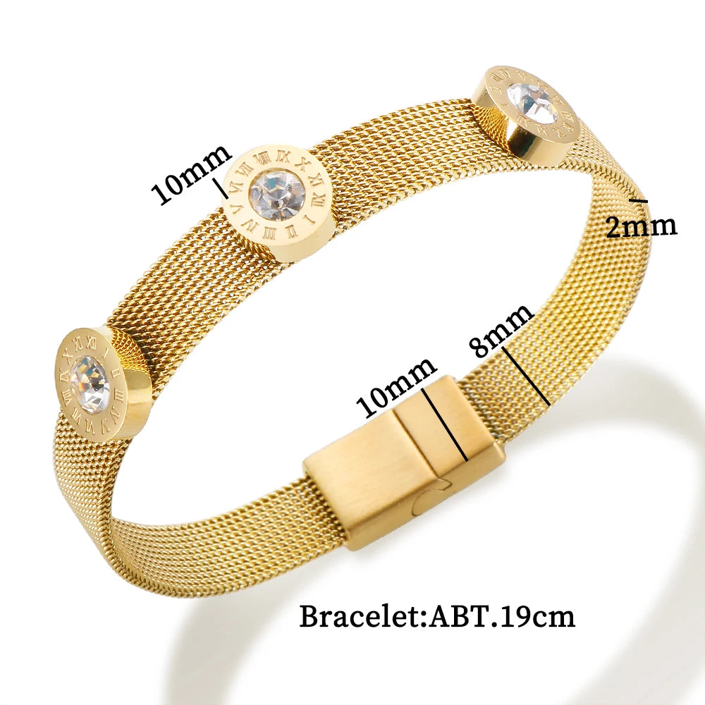 316L Mesh Roman Numerals Bracelet Bangle Stainless Steel Gold Plated Star Heart Charm Bracelets for Women Cubic Zirconia Jewelry