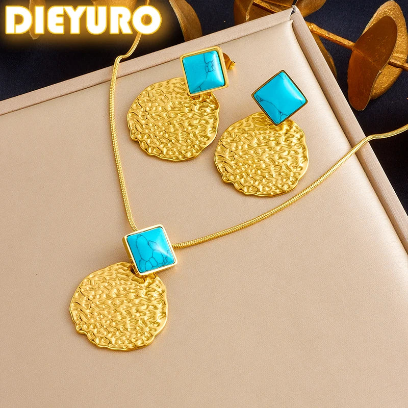 DIEYURO 316L Stainless Steel Square Inlaid Turquoise Honeycomb Round Necklace Earrings Suit New Trend Non-fading Jewelry Set