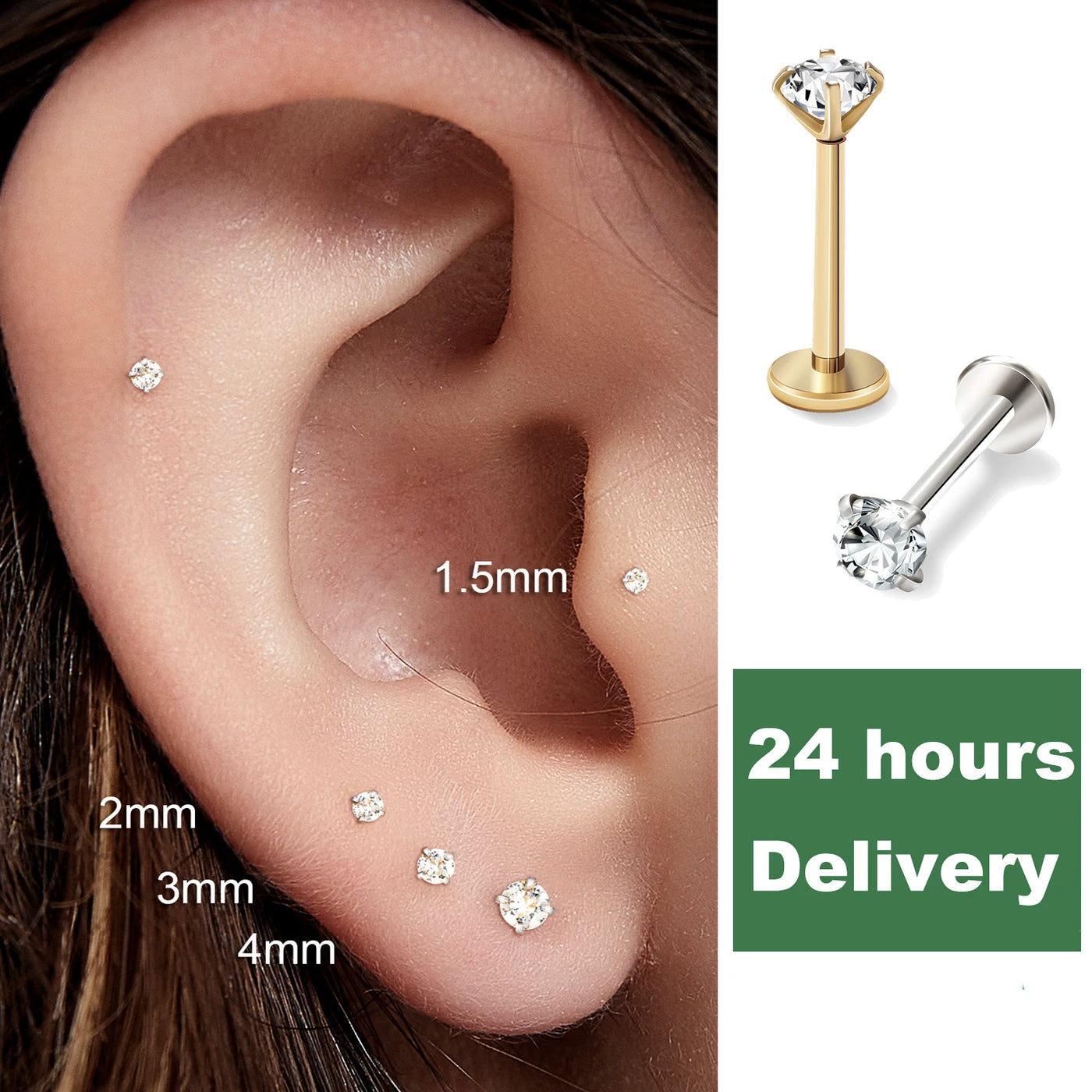 2/6PCS Stainless Steel Eearring Nose Stud Cartilage Piercing Jewelry Helix Tragus Lip Flat Back Tiny Earrings for Women 18G