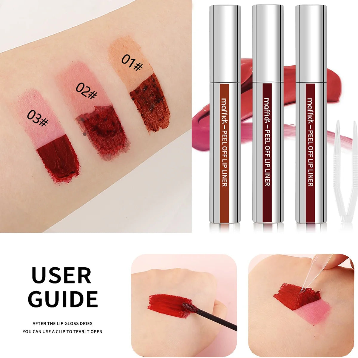 Peel-off Lip Liner Pen 3 Colors, Temporary Lip Tattoo, Waterproof, Smudge-proof, Non-stick Cup, Tattoo Lipstick Makeup