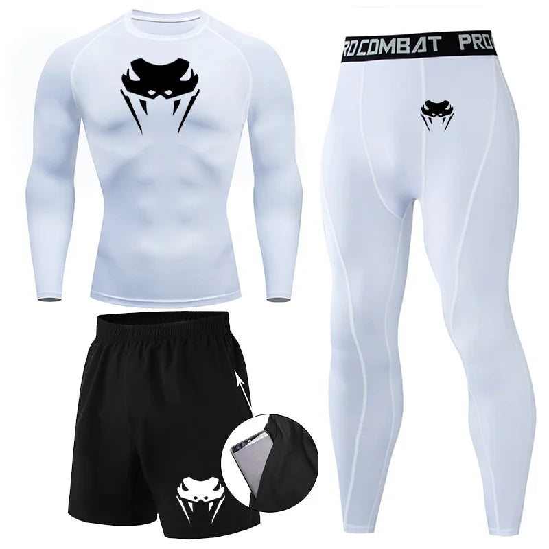 Men Compression Set MMA Long or Short Sleeve T-shirt Men's Tight Pants Fitness Bodybuilding Clothes Rashguard Sports Suits