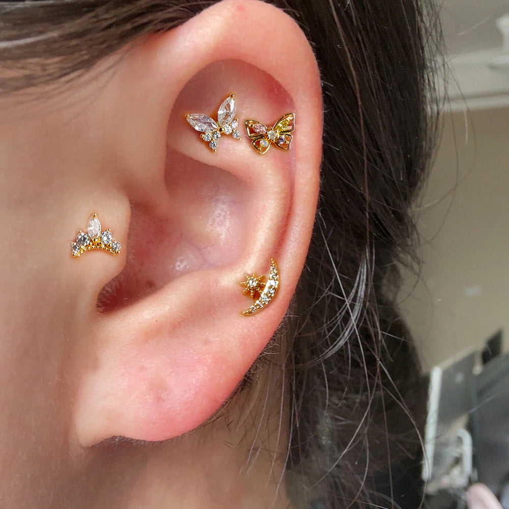 Vintage Gold Plated Stainless Steel Butterfly Stud Earrings Women Snowflake Zircon Cartilage Piercing Earring Christmas Jewelry