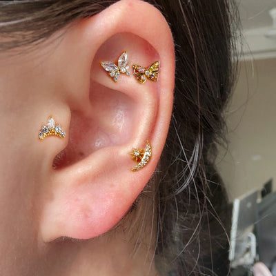 Vintage Gold Plated Stainless Steel Butterfly Stud Earrings Women Snowflake Zircon Cartilage Piercing Earring Christmas Jewelry