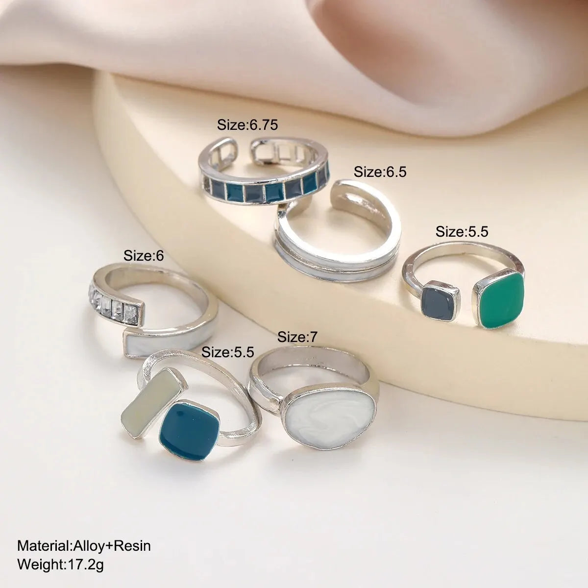 6Pcs New Fashionable Retro Emerald Moonlight Stone Joint Opening Ring Set For Women's Daily Versatile Gift Fashion Accessories