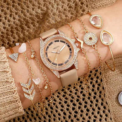 Women's Fashion Quartz Watch Luxury Khaki Leather Band Analog WristWatch Ladies Watch Women Dress Bracelet Set Reloj Mujer Clock