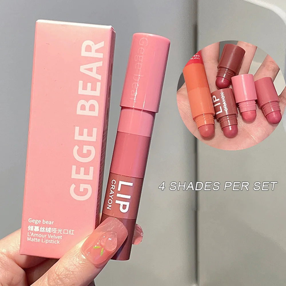 Gege Bear 4 in 1 Velvet Matte Crayon Lipstick Super Stay Makeup Pink Red Long Wear Waterpoof Non-Stick Cup Tiny Lip Stick