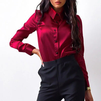 Women Spring Shirt OL Style Solid Color Loose Satin Commute Top Long Sleeves Turn-down Collar Spring Blouse Women Clothes