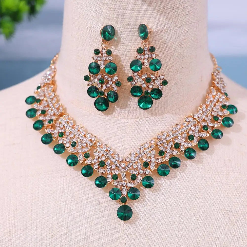 Rhinestone Necklace Earrings Set Elegant Jewelry Set Green Rhinestone Bridal Jewelry Set with Symmetric for Wedding for Women