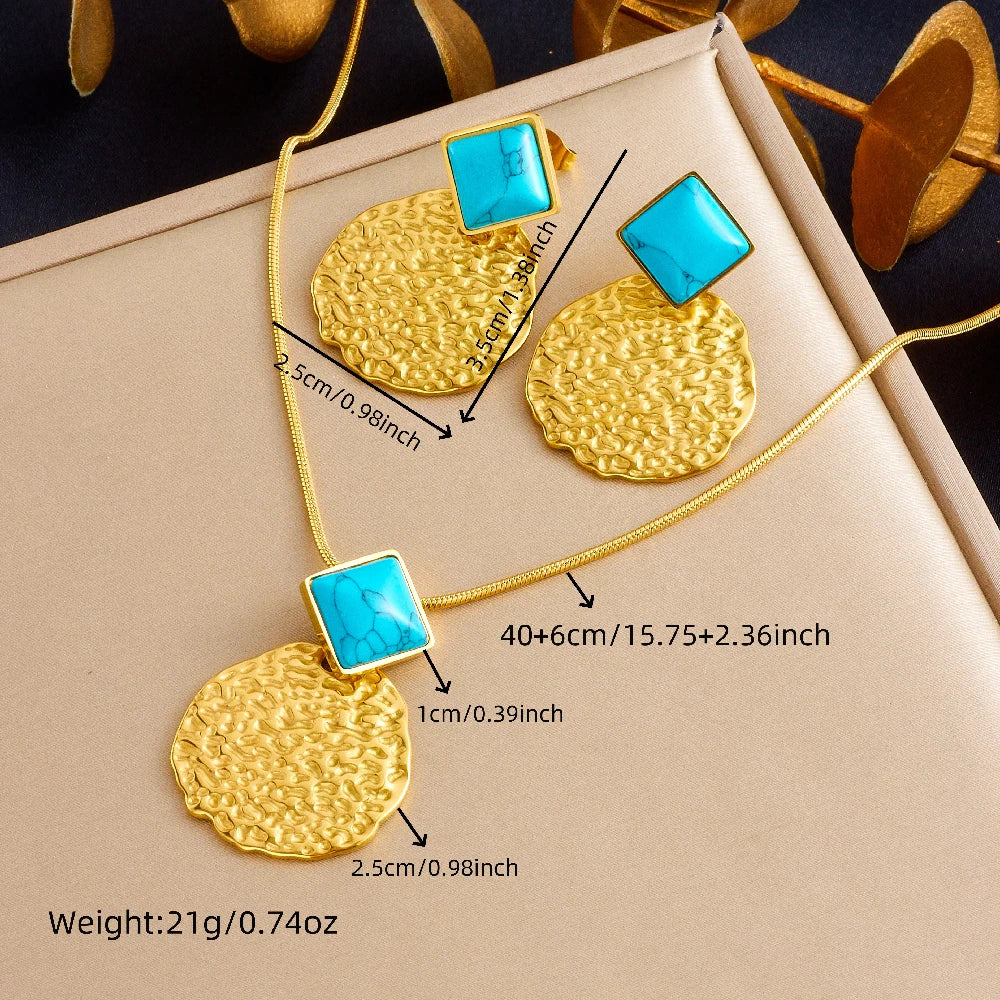 DIEYURO 316L Stainless Steel Square Inlaid Turquoise Honeycomb Round Necklace Earrings Suit New Trend Non-fading Jewelry Set