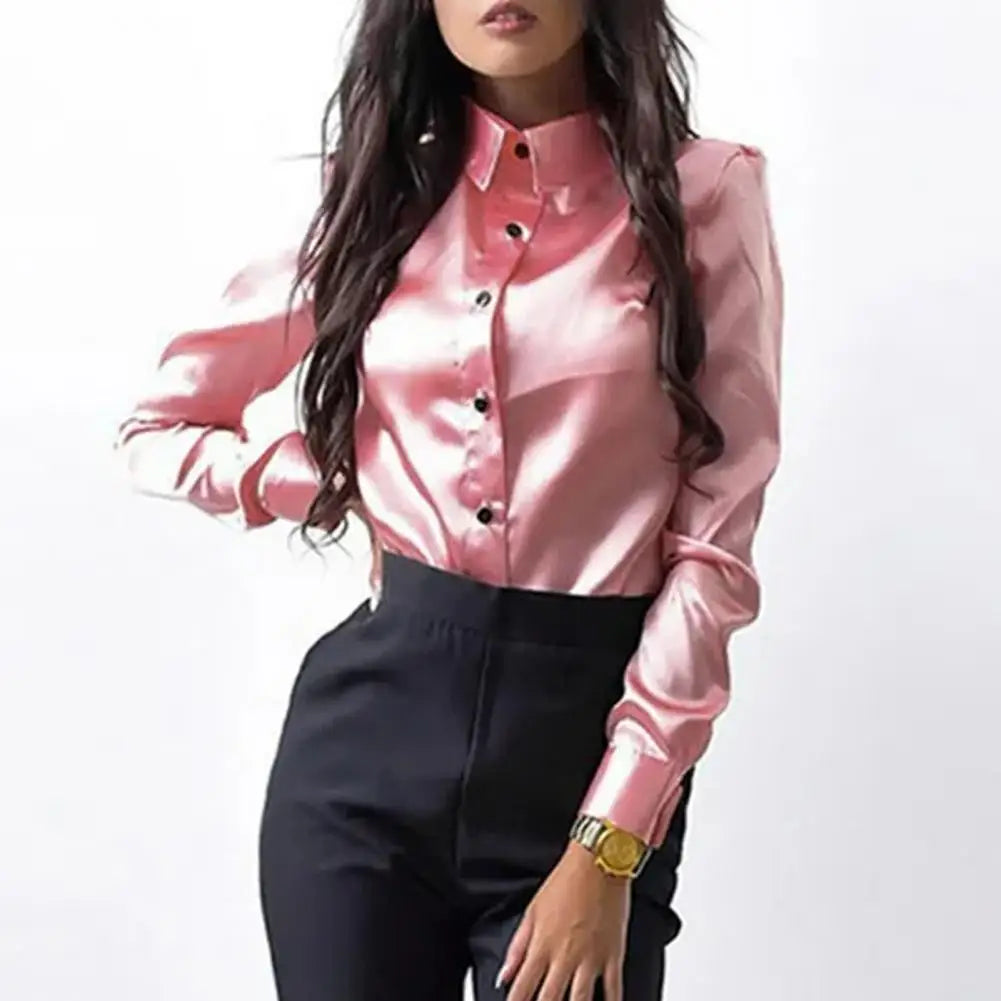 Women Spring Shirt OL Style Solid Color Loose Satin Commute Top Long Sleeves Turn-down Collar Spring Blouse Women Clothes