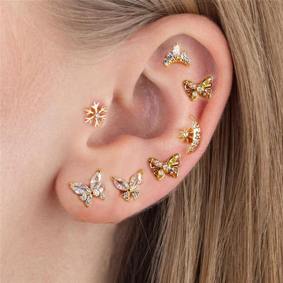 Vintage Gold Plated Stainless Steel Butterfly Stud Earrings Women Snowflake Zircon Cartilage Piercing Earring Christmas Jewelry