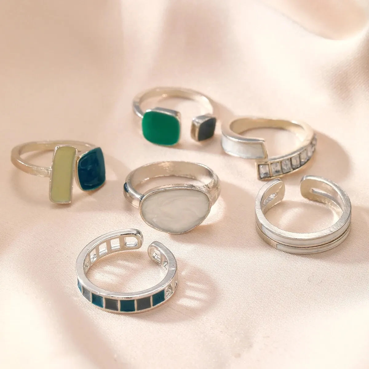 6Pcs New Fashionable Retro Emerald Moonlight Stone Joint Opening Ring Set For Women's Daily Versatile Gift Fashion Accessories