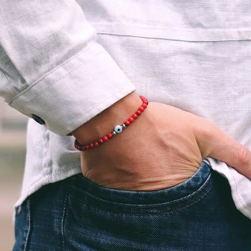 Minimalist Evil Eyes Bracelet 4mm Stone Beaded Braslet Lucky Red Howlite Lava Wooden Braclet Chakra Mediation Yoga Brazalete