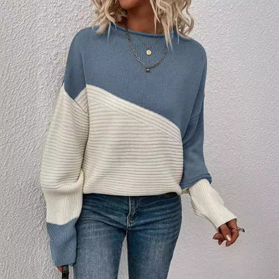 Women's Knitting Sweater Stitching Contrast Color Pullover Top